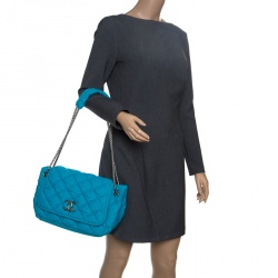 Pre Owned Chanel Turquoise Quilted Bubble Jersey Snake Effect Chain Shoulder Bag