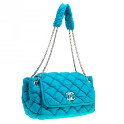 Pre Owned Chanel Turquoise Quilted Bubble Jersey Snake Effect Chain Shoulder Bag