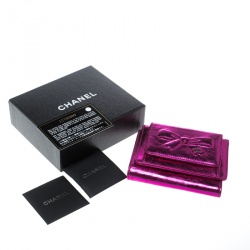 Pre Owned Chanel Metallic Pink Foil Leather Bow Compact Wallet