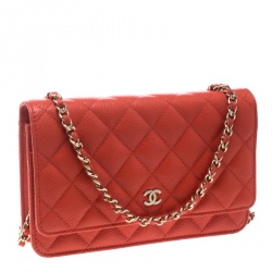 Chanel Coral Orange Caviar Leather Wallet On Chain