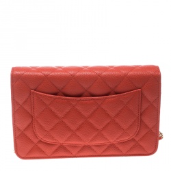 Chanel Coral Orange Caviar Leather Wallet On Chain