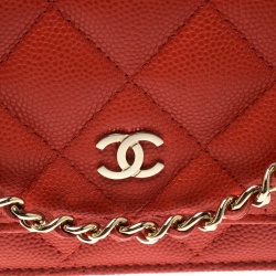 Chanel Coral Orange Caviar Leather Wallet On Chain