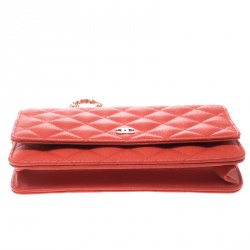 Chanel Coral Orange Caviar Leather Wallet On Chain