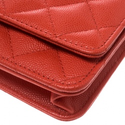 Chanel Coral Orange Caviar Leather Wallet On Chain