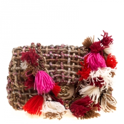 Pre Owned Chanel Beige/Multicolor Fabric and Canvas Pompom Flap Shoulder Bag