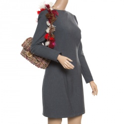 Pre Owned Chanel Beige/Multicolor Fabric and Canvas Pompom Flap Shoulder Bag