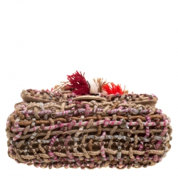 Pre Owned Chanel Beige/Multicolor Fabric and Canvas Pompom Flap Shoulder Bag