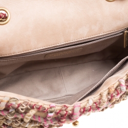 Pre Owned Chanel Beige/Multicolor Fabric and Canvas Pompom Flap Shoulder Bag