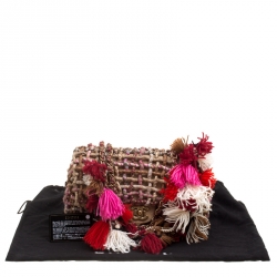 Pre Owned Chanel Beige/Multicolor Fabric and Canvas Pompom Flap Shoulder Bag