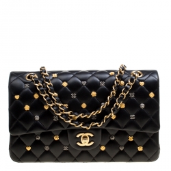 Chanel Black Leather Medium Classic 18K Charms Double Flap Bag Chanel