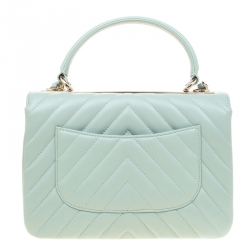 Pre Owned Chanel Mint Green Chevron Quilted Leather Top Handle Bag