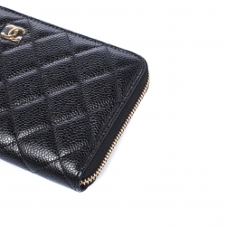 Chanel Black Quilted Leather Zip Around Wallet