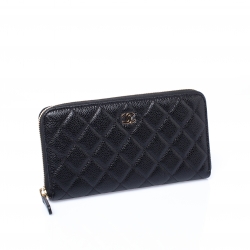 Chanel Black Quilted Leather Zip Around Wallet