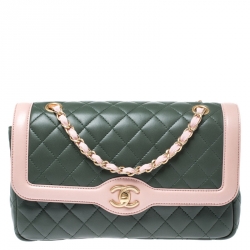 Chanel Green/Pink Quilted Lambskin Leather Medium Single Flap Bag Chanel