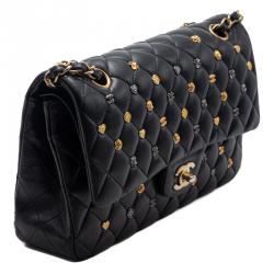 Pre Owned Chanel Black Lambskin Lucky Charm Limited Quilted Flap Bag Medium Size 