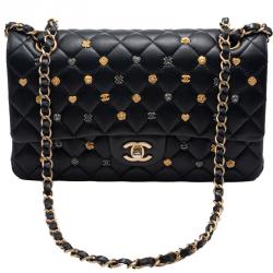 Pre Owned Chanel Black Lambskin Lucky Charm Limited Quilted Flap Bag Medium Size 