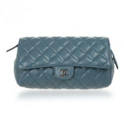 Pre Owned Chanel Blue Quilted Lambskin Classic Flap Make Up Pochette