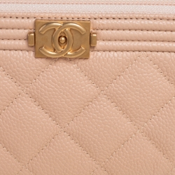 Chanel Beige Quilted Caviar Leather Boy Zip Around Wallet