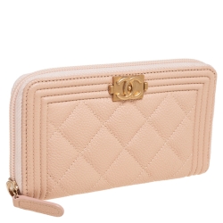 Chanel Beige Quilted Caviar Leather Boy Zip Around Wallet