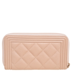 Chanel Beige Quilted Caviar Leather Boy Zip Around Wallet