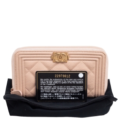 Chanel Beige Quilted Caviar Leather Boy Zip Around Wallet
