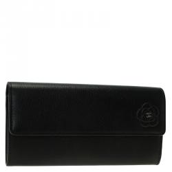 Pre Owned Chanel Black Camellia Embossed Leather Continental Wallet