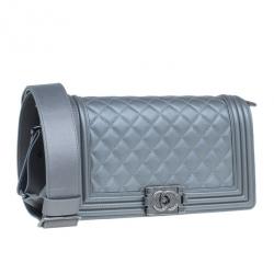 Pre Owned Chanel Grey Calfskin Medium Boy Flap Bag