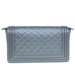 Pre Owned Chanel Grey Calfskin Medium Boy Flap Bag