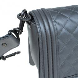 Pre Owned Chanel Grey Calfskin Medium Boy Flap Bag