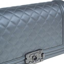 Pre Owned Chanel Grey Calfskin Medium Boy Flap Bag