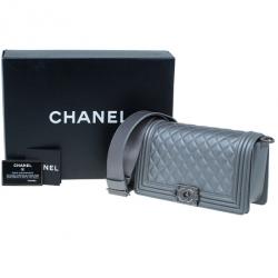 Pre Owned Chanel Grey Calfskin Medium Boy Flap Bag