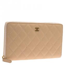 Chanel Beige Quilted Caviar Leather Large Zippy Wallet
