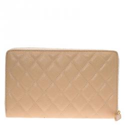 Chanel Beige Quilted Caviar Leather Large Zippy Wallet