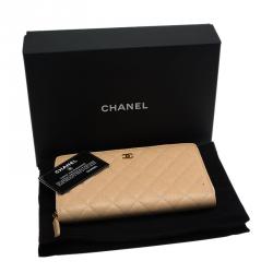 Chanel Beige Quilted Caviar Leather Large Zippy Wallet