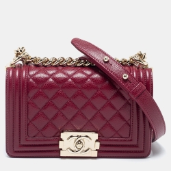 Pre Owned Chanel Burgundy Quilted Caviar Leather Small Boy Flap Bag