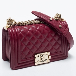 Pre Owned Chanel Burgundy Quilted Caviar Leather Small Boy Flap Bag