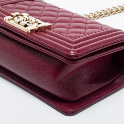 Pre Owned Chanel Burgundy Quilted Caviar Leather Small Boy Flap Bag