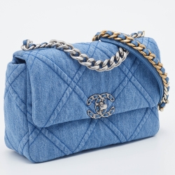 Pre Owned Chanel Blue Quilted Denim Medium 19 Flap Bag