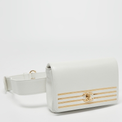 Pre Owned Chanel White Caviar Leather Captain Gold Waist Bag