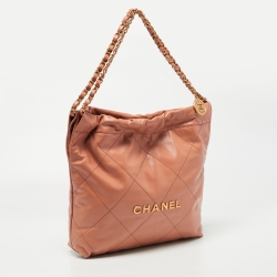 Pre Owned Chanel Brown Quilted Glossy Leather Drawstring 22 Hobo
