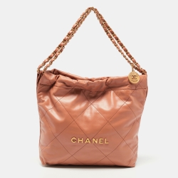 Pre Owned Chanel Brown Quilted Glossy Leather Drawstring 22 Hobo