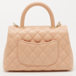 Pre Owned Chanel Peach Quilted Caviar Leather Small Coco Top Handle Bag