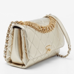 Pre Owned Chanel Gold Quilted Leather CC Crystal Logo Chain Flap Bag