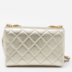 Pre Owned Chanel Gold Quilted Leather CC Crystal Logo Chain Flap Bag