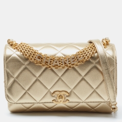 Pre Owned Chanel Gold Quilted Leather CC Crystal Logo Chain Flap Bag
