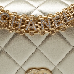 Pre Owned Chanel Gold Quilted Leather CC Crystal Logo Chain Flap Bag