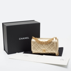 Pre Owned Chanel Gold Quilted Leather CC Crystal Logo Chain Flap Bag