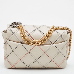Pre Owned Chanel Beige Quilted Stitch Leather Large19 Flap Bag