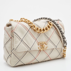 Pre Owned Chanel Beige Quilted Stitch Leather Large19 Flap Bag