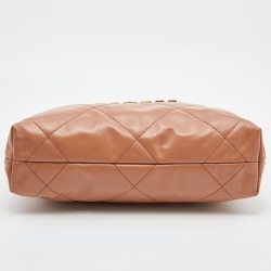 Pre Owned Chanel Tan Quilted Glossy Leather Drawstring 22 Bag